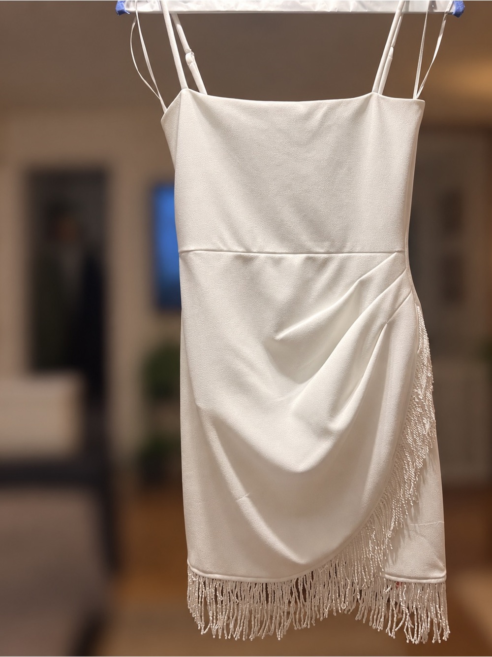 Velvet White Fringe Mini Dress with Spaghetti Straps